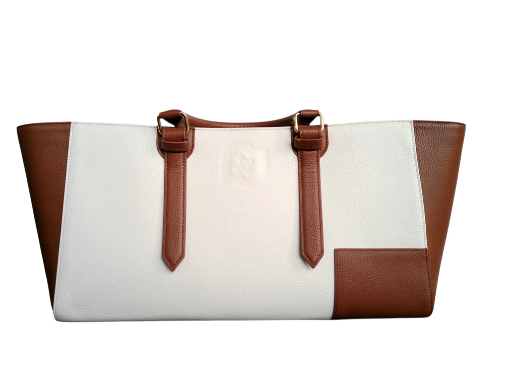Premium Embossed Leather Tote Bag – Brown/White Designer Handbag with Pouch