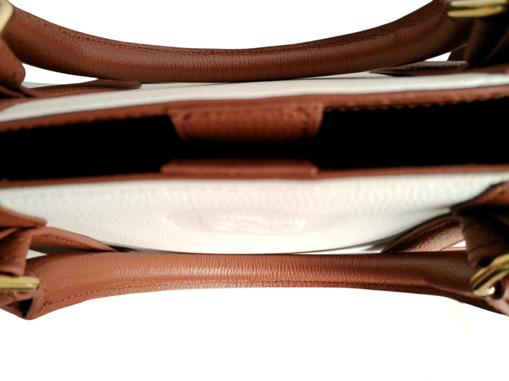 Premium Embossed Leather Tote Bag – Brown/White Designer Handbag with Pouch