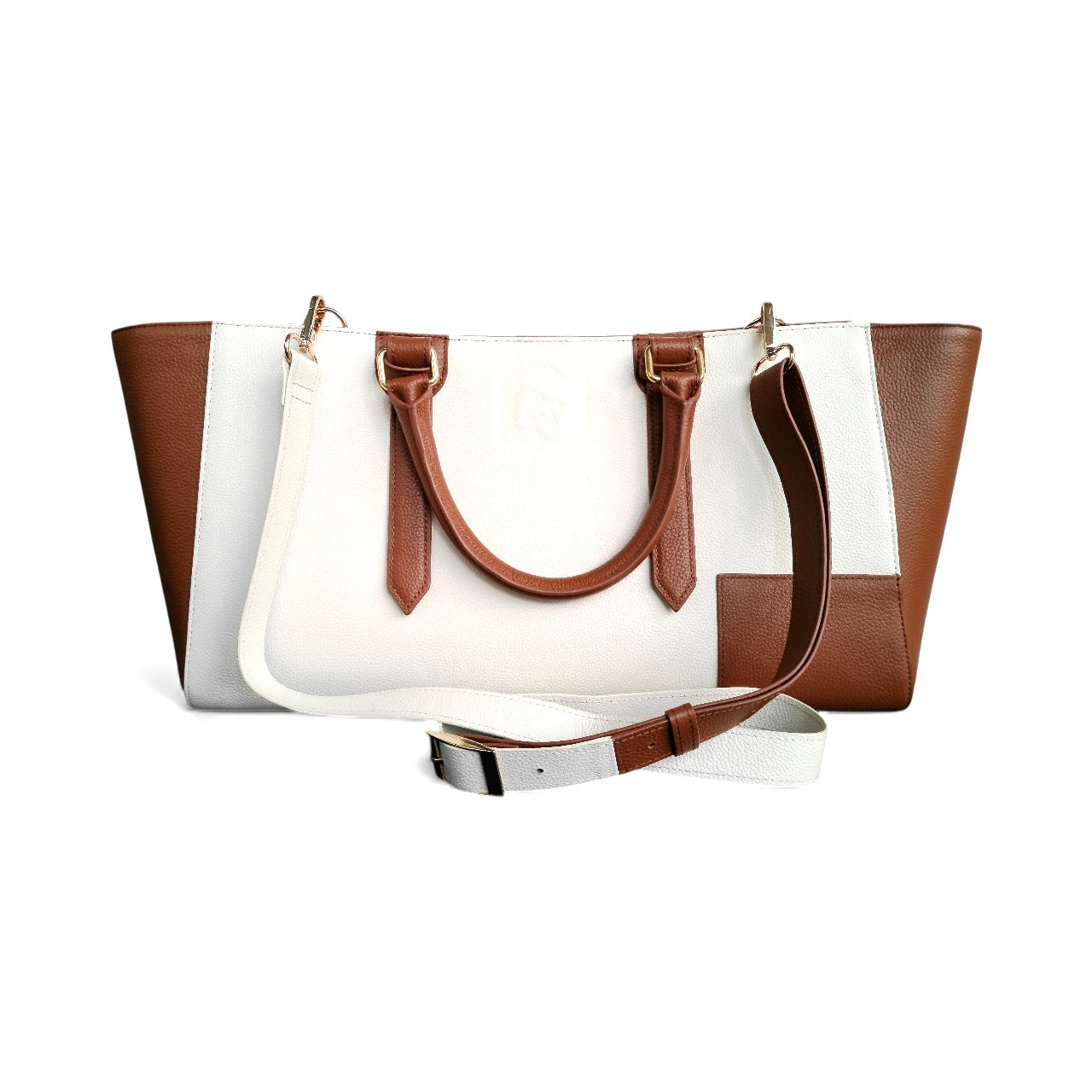 Premium Embossed Leather Tote Bag – Brown/White Designer Handbag with Pouch