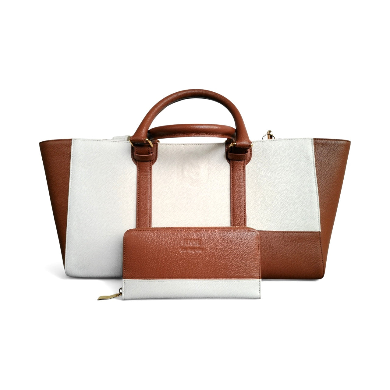 Premium Embossed Leather Tote Bag – Brown/White Designer Handbag with Pouch