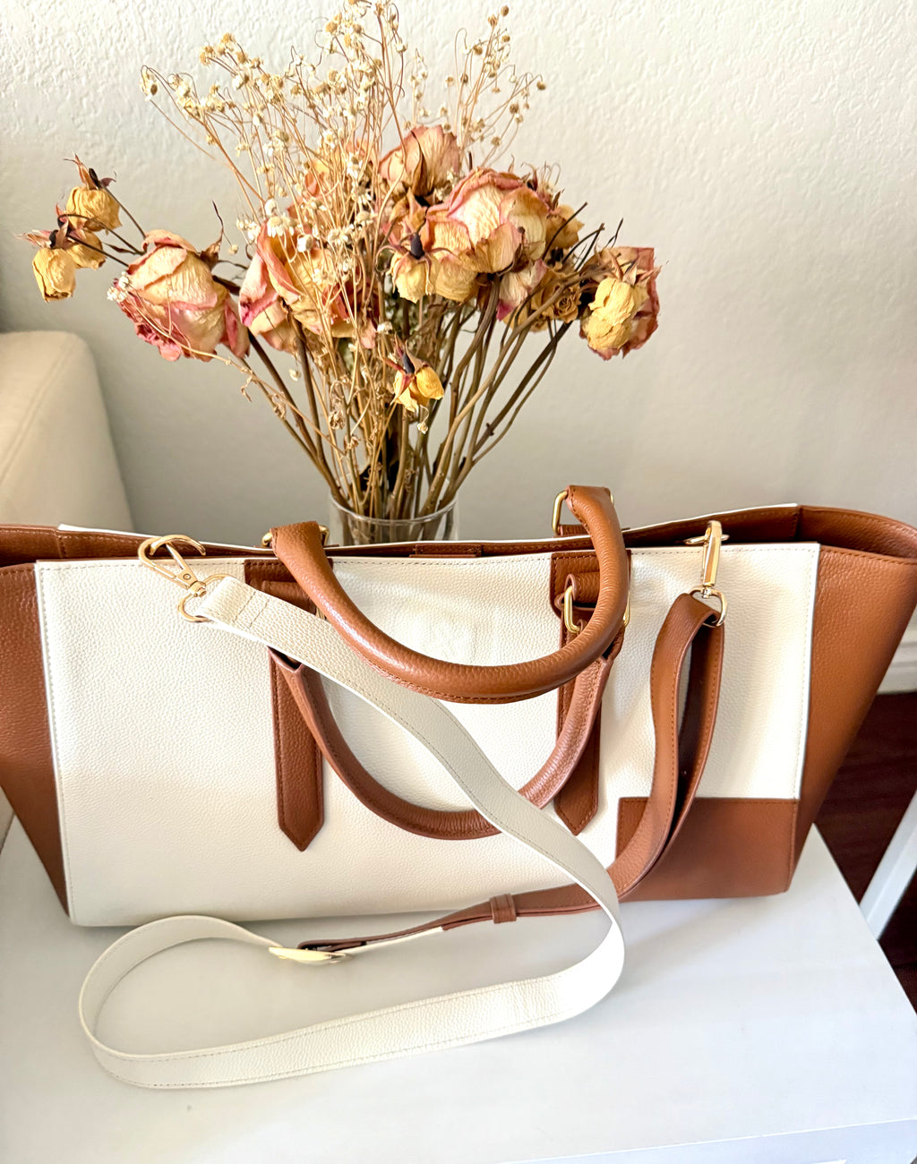 Premium Embossed Leather Tote Bag – Brown/White Designer Handbag with Pouch