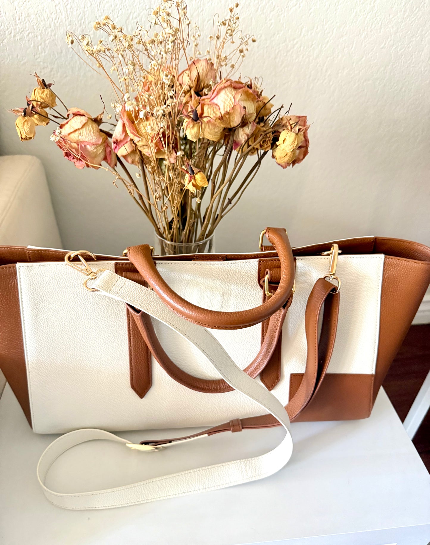 Premium Embossed Leather Tote Bag – Brown/White Designer Handbag with Pouch