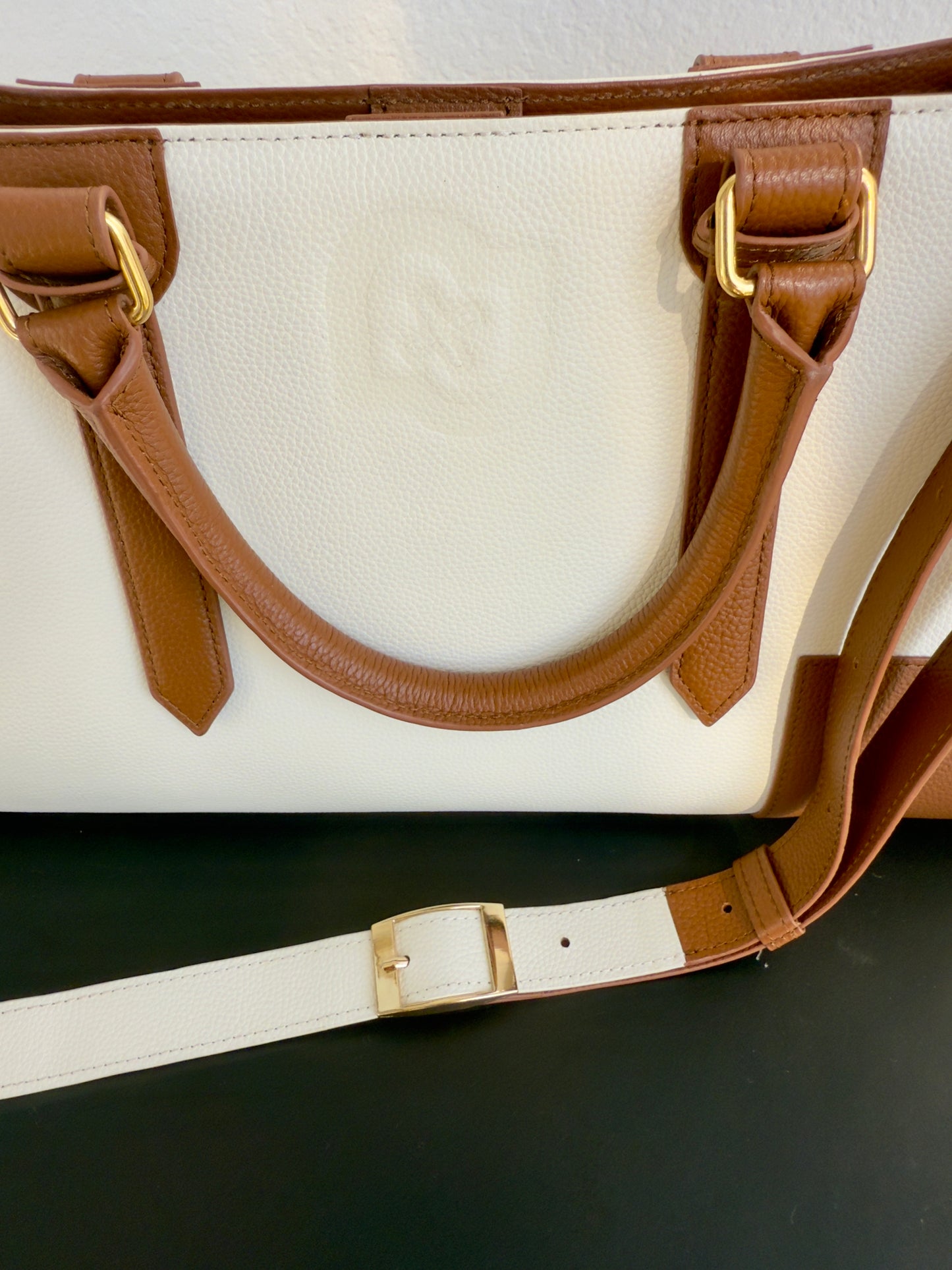 Premium Embossed Leather Tote Bag – Brown/White Designer Handbag with Pouch