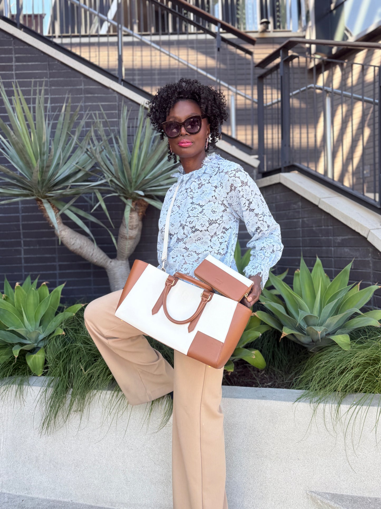 Premium Embossed Leather Tote Bag – Brown/White Designer Handbag with Pouch