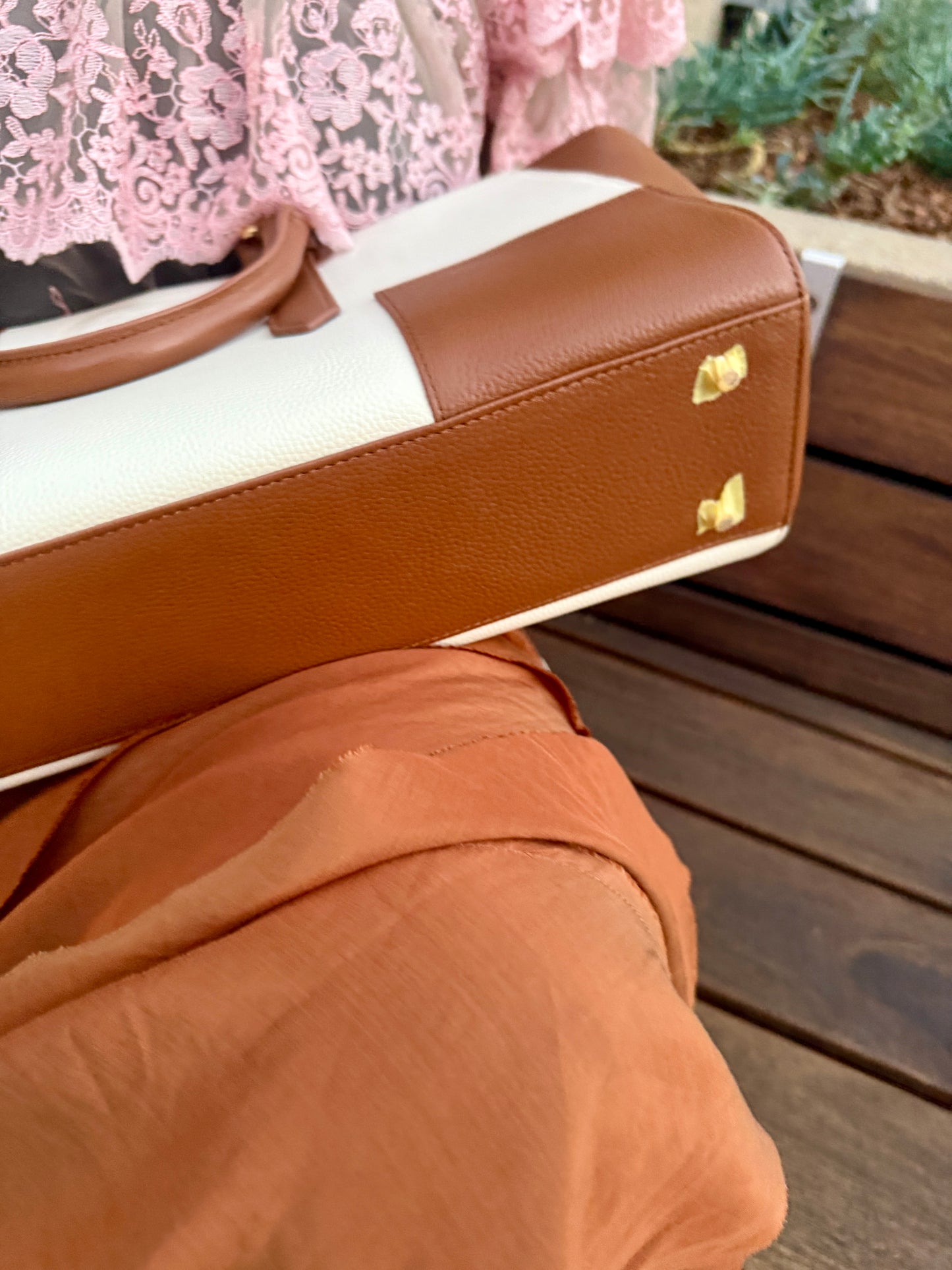 Premium Embossed Leather Tote Bag – Brown/White Designer Handbag with Pouch