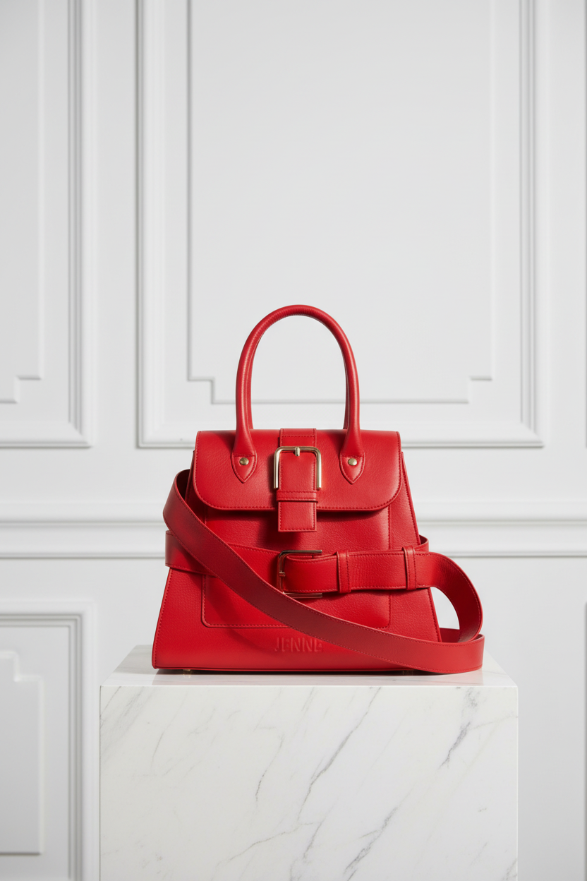 The Red Destiny Bag on marble pedestal, white paneled wall