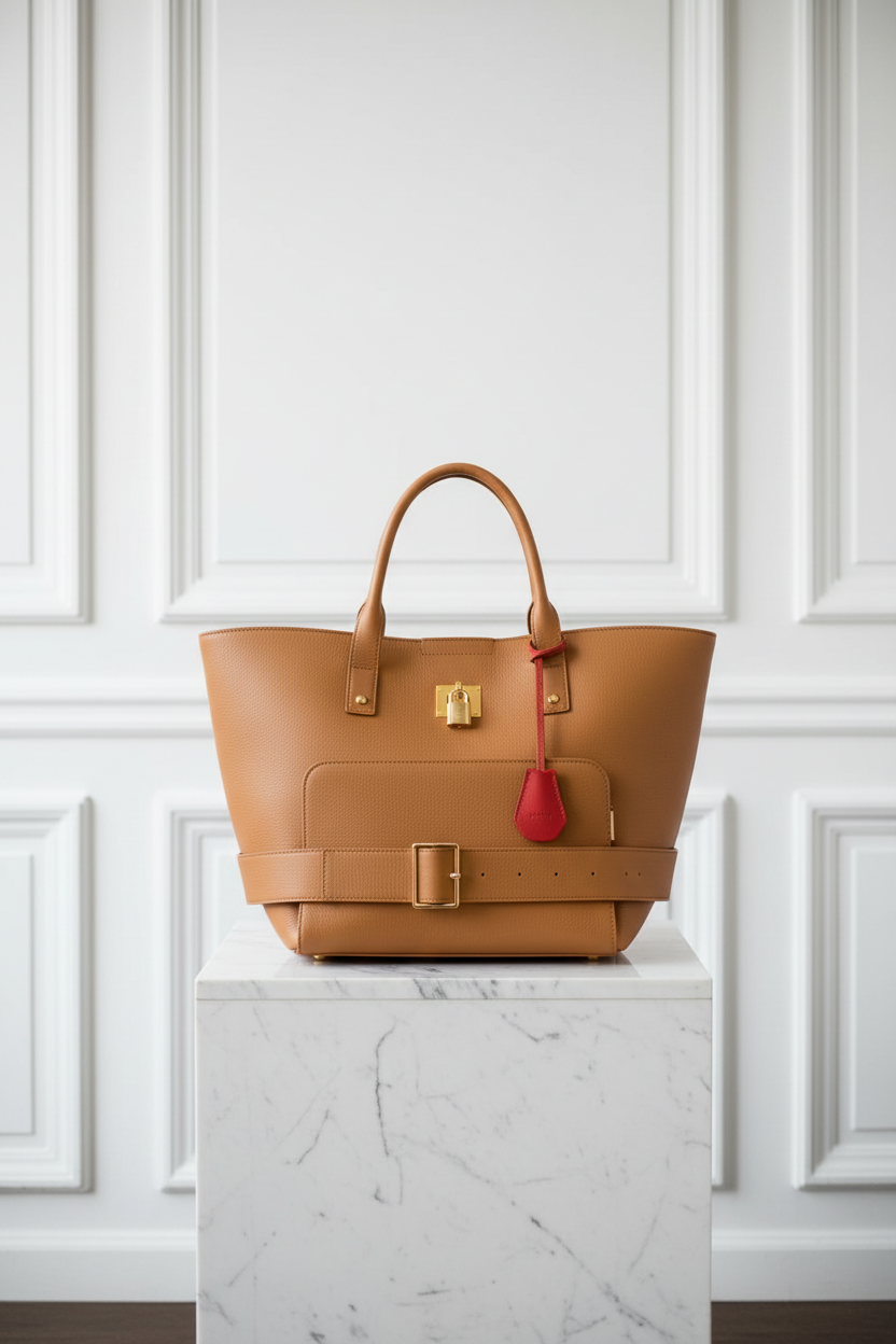 The Maison Bag on marble pedestal, white paneled wall