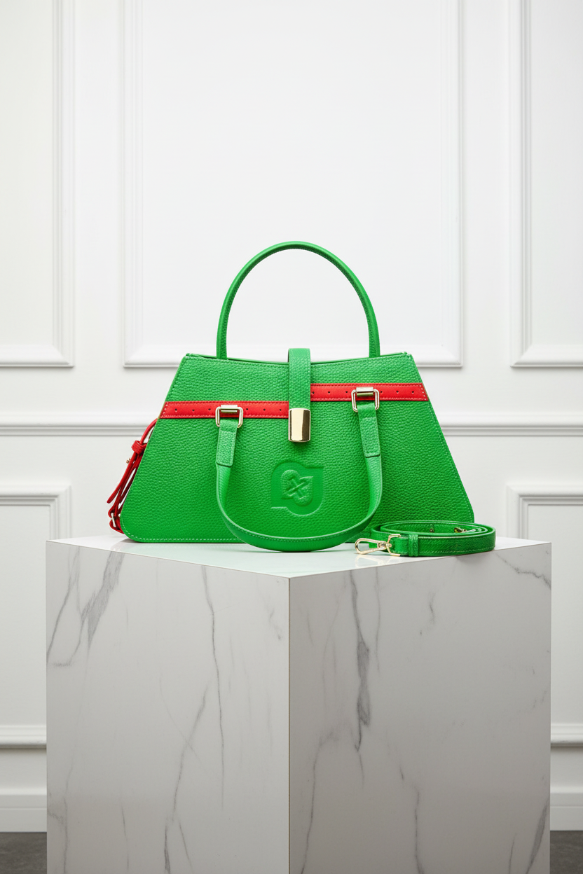 The Emerson Bag on marble pedestal, white paneled wall
