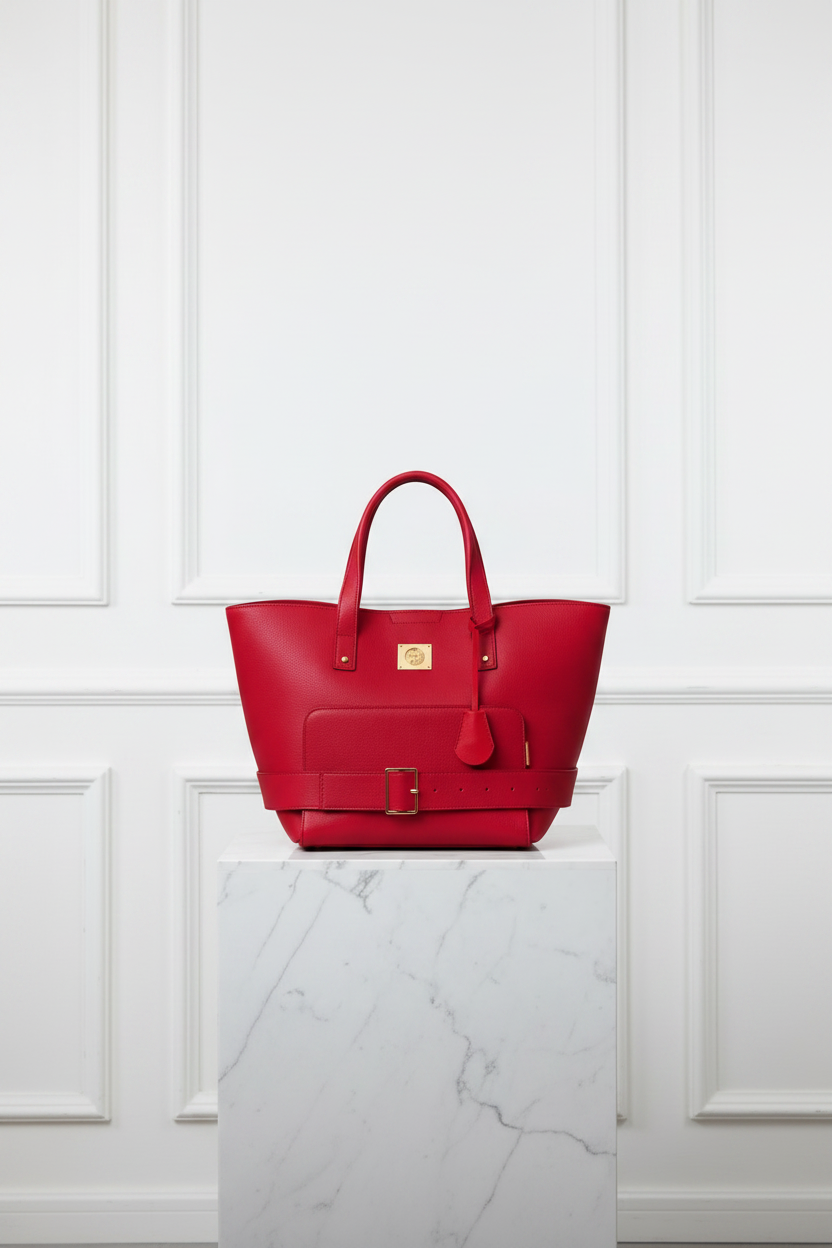 Red Maison Bag on marble pedestal, white paneled wall
